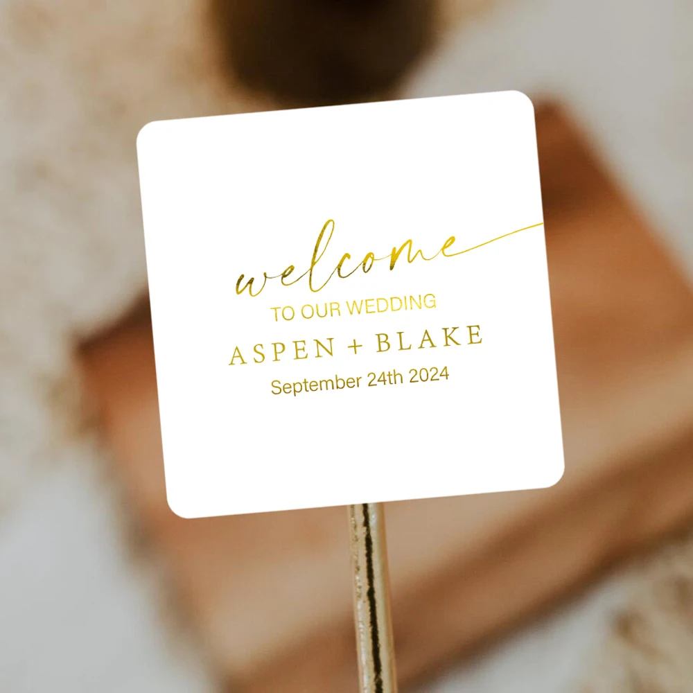 Custom Square Wedding Sticker, Gold Foil Stickers, Personalized Wedding Stickers, Welcome Wedding Thank You Sticker