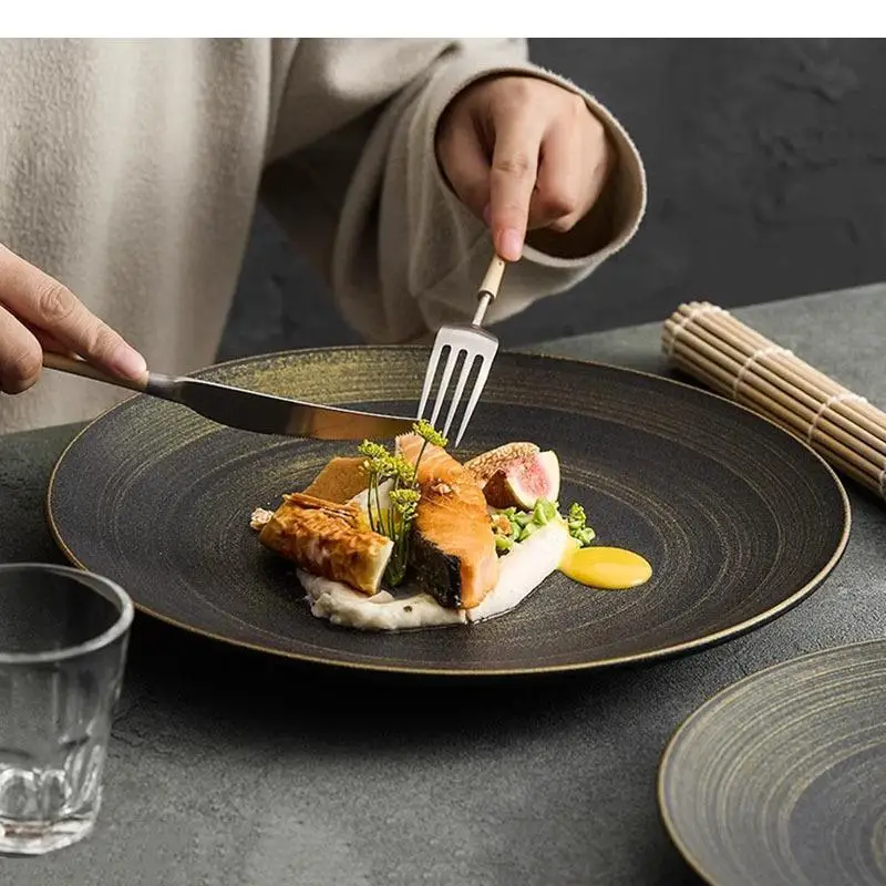 

Retro Hand Painted Ceramic Shallow Plate Restaurant Steak Pasta Dessert Dish Molecular Cuisine Specialty Tableware