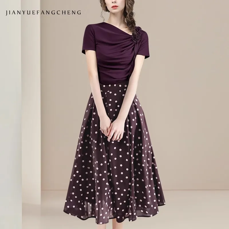 Fashion Womens Summer Wine Red Polka Dots Chiffon Skirt Mid-length Elastic Waist Pleated Elegant Flowing Casual Party Skirts