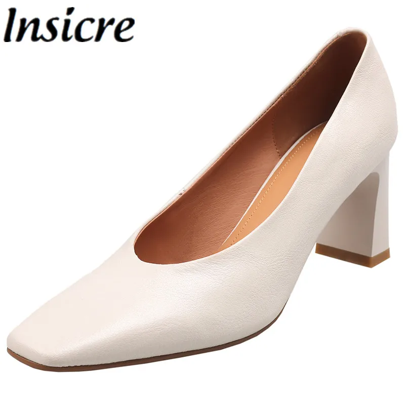 

Insicre 2024 Classic Woman's Pumps Full Genuine Leather Thick High Heels Square Toe Office Sheepskin Top Quality Autumn Shoes