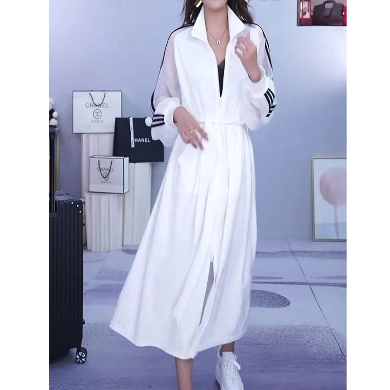 Spring Summer Trendy Stand Collor Zipper Oversized Streetwear Casual Dresses for Women Y2K Lace Up White Long Sleeve Midi Dress