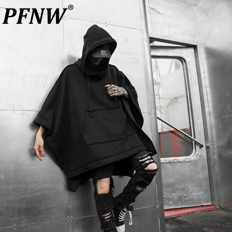 PFNW Darkwear Men's Hoodies Solid Color Hooded Drawstring Bat Cape Big Pockets Sprng Male Clothing New Simple 2025 New 12A5333