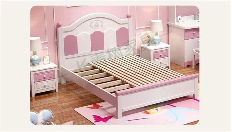 Set da camera da letto per ragazze principessa Letto moderno per bambini in legno rosa Letto singolo per bambini Camera per bambini rosa per ragazza