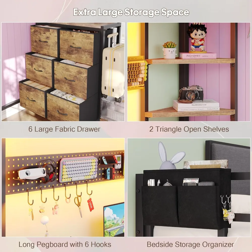 سرير علوي مع مكتب بالحجم الكامل، إطار سرير كامل الحجم مع 6 أدراج تخزين، 2 منظم بجانب السرير، 6 خطافات متحركة، أضواء LED وشحن