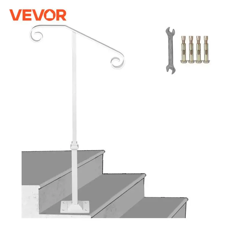 VEVOR Single Post Handrail Stairs White Wrought Iron Post Mount Step Grab Supports Fits 1-2 Steps Grab Rail Single Post Railing