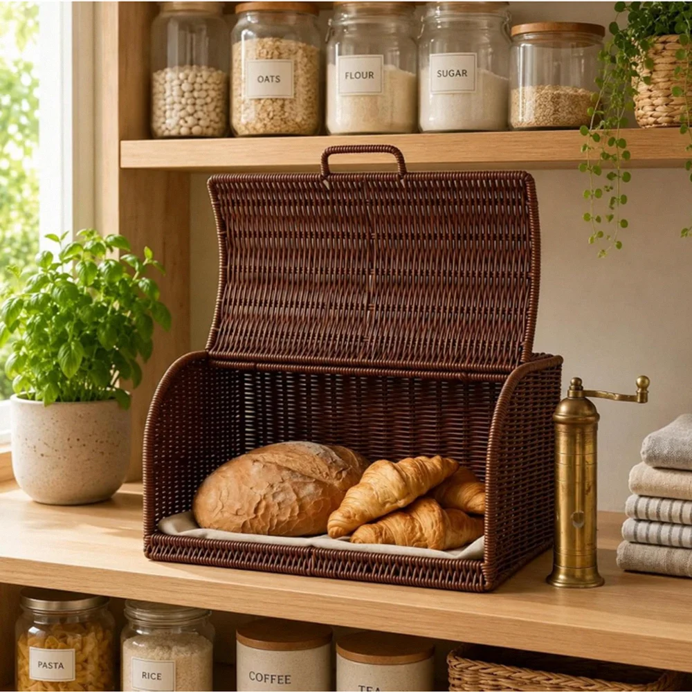 Braided Exterior Woven Organizer Basket Top Handle Lidded Storage Cloth Liner Box Uncovered Compartment, Faux Rattan Storage