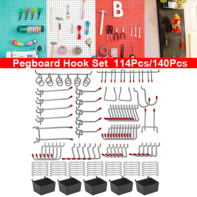 

114Pcs/140Pcs set Pegboard Hook Set Supermarket Shelf Tool Rack Storage Hook Combination Set Metal Organizer Assortment Kit