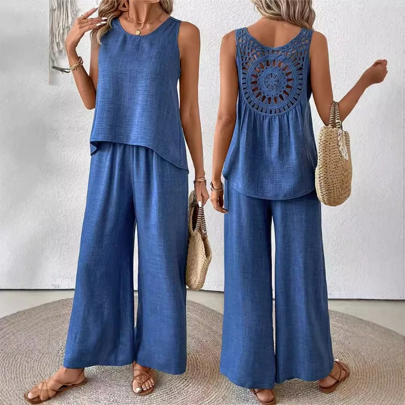 

Women's Clothing New Spring and Summer Solid Color Hollow Lace Two-piece Fashion Casual Vest Wide-leg Pants Trousers Temperament