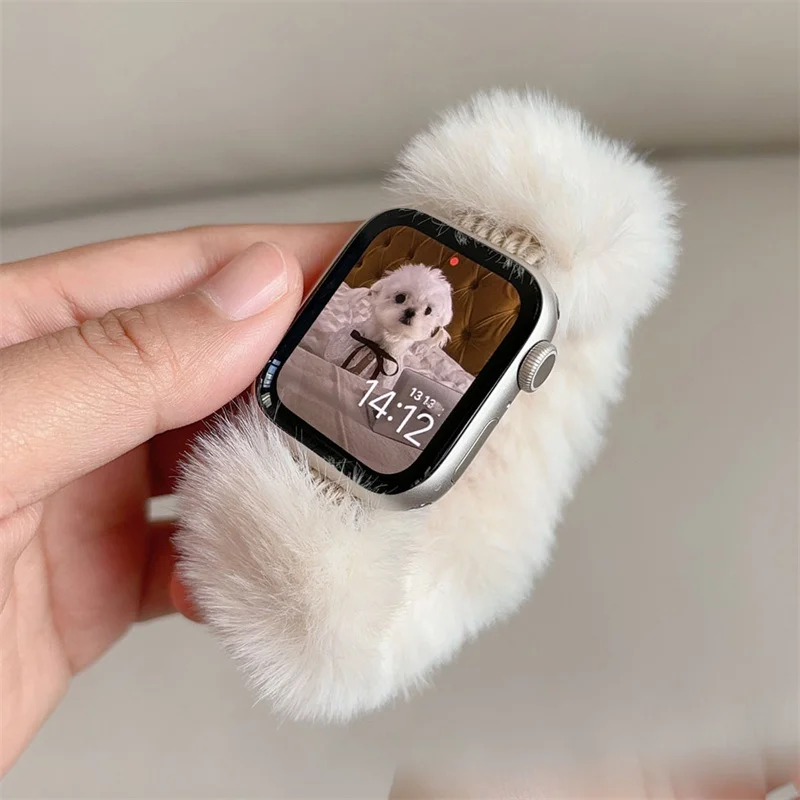 Winter Cute Plush Elasticity Strap For Apple Watch Band Ultra2 49mm 45mm 44 41 42 Correa Band For Iwatch Series 10 9 8 SE 7 6 5