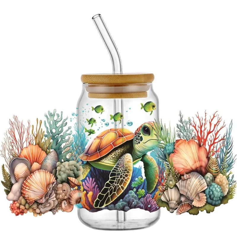Turtle Theme UV DTF Cup Wrap 16oz Libbey Glass Can Beer Tumbler DIY Sticker Selfadhesive Washable SeaWorld Wrap
