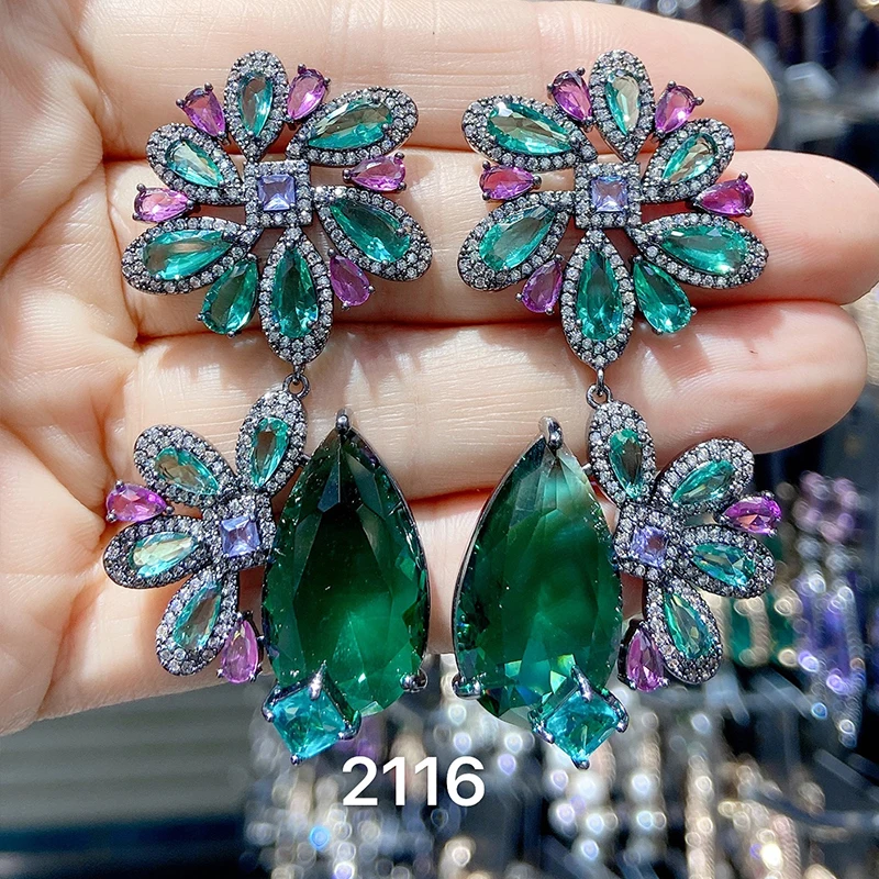 Green Flower Earrings for Women Luxury Jewelry Accessories Zircon Wedding Evening Earrings Water Drop Female Gift