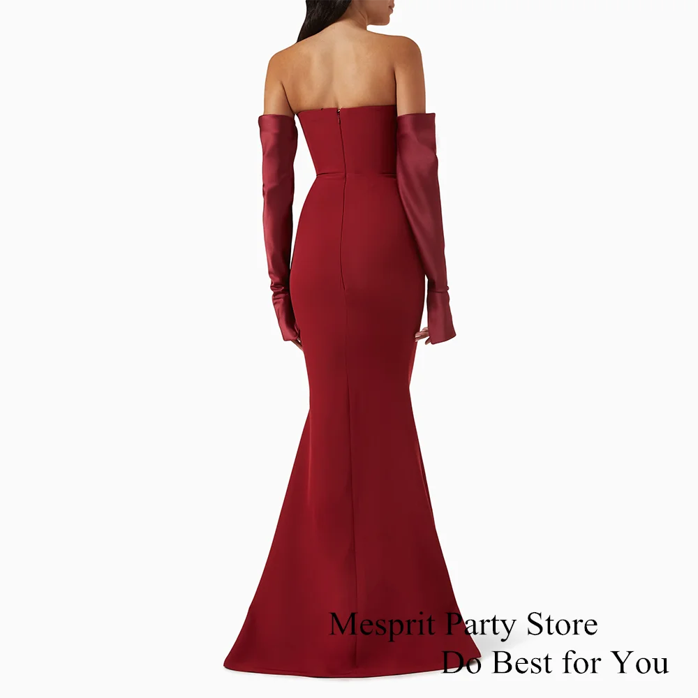 Burgundy Evening Dress Customized Strapless Detachable Full Sleeve Pleat Simple Mermaid Prom Gown Saud Arab Formal Party Dresses