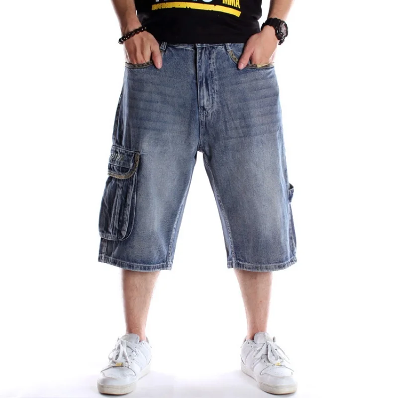 Multi pocket European and  skateboarding pants with fat and plus size hip-hop denim shorts for men, trendy cropped pantsYY52