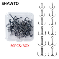 Shawto 50pcs/Lot Treble Fishing Hook Set In Box High Carbon Steel Barbed Hooks Fishing Tackle Black FishHook Fishing Tackle Tool