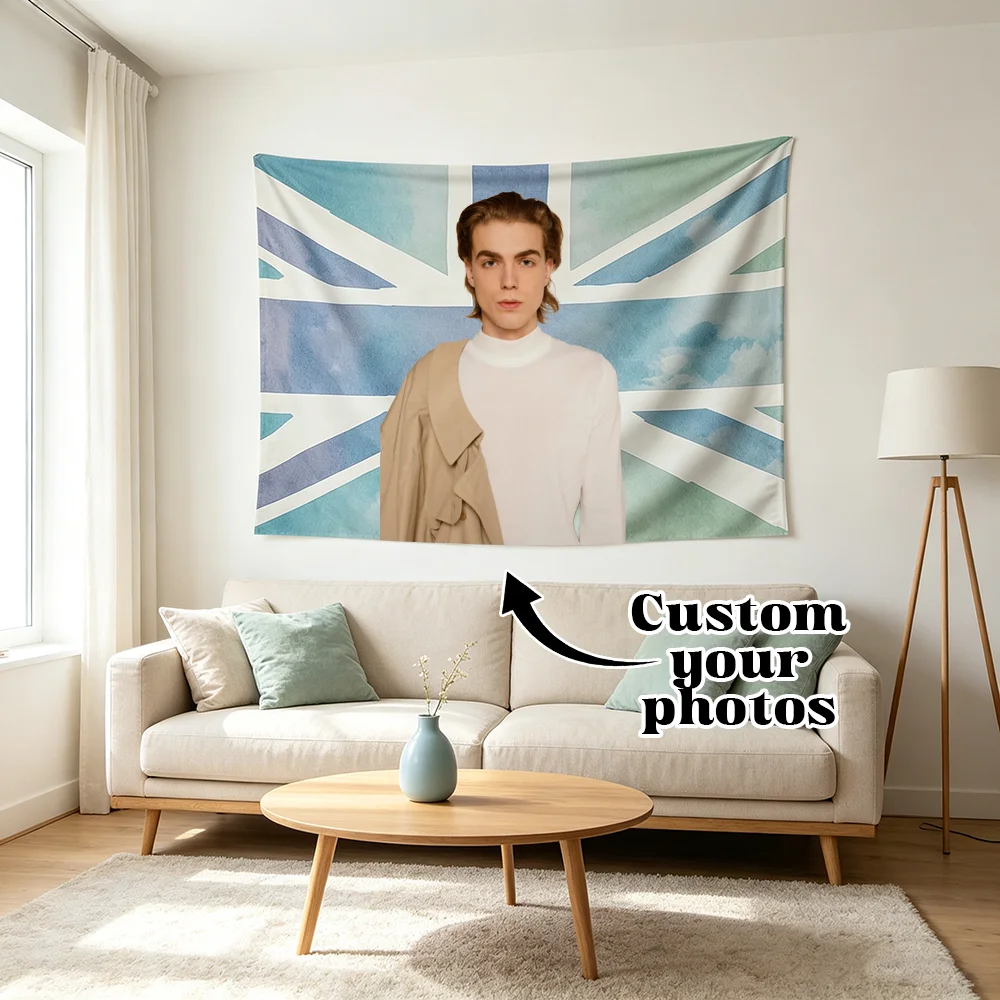 1PC Custom Photo Tapestry, Light Blue Union Jack Background Wall Hanging, Personalized Picture Cloth For Bedroom Dorm Wall Decor