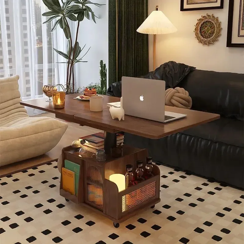 Solid wood lifting coffee mobile cart tea table folding dining small apartment tea table multi-functional living room sofa