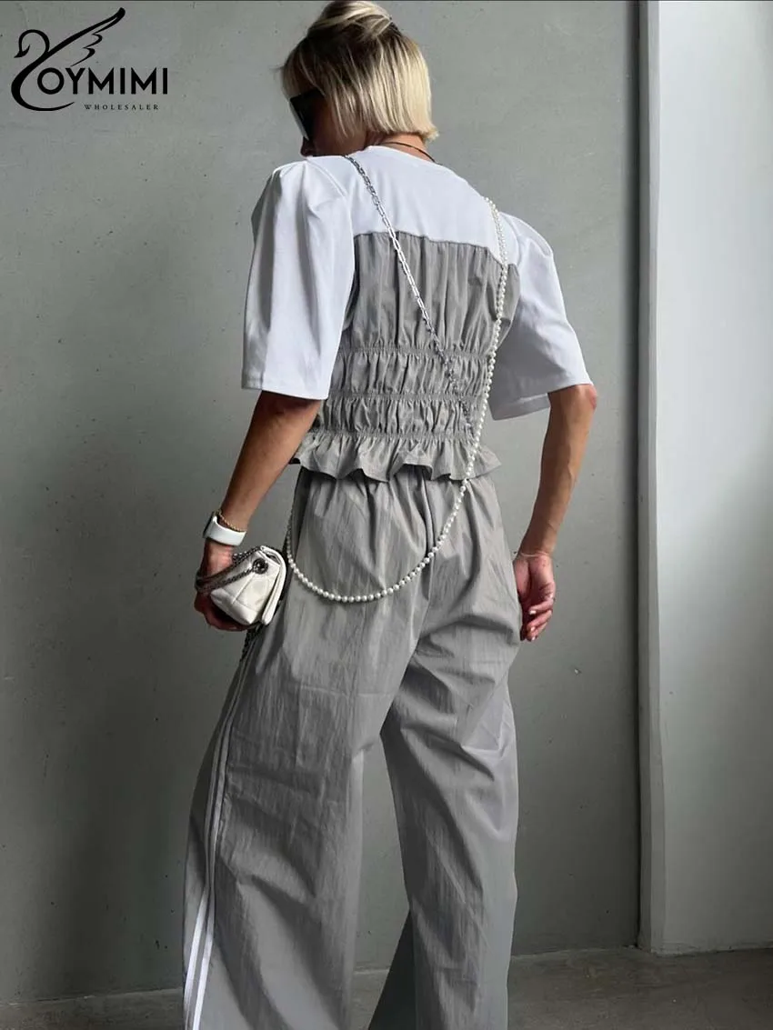 Oymimi Casual Grey Patchwork Sets For Women 2 Pieces Fashion O-Neck Short Sleeve Blouses And Drawstring Straight Trousers Sets