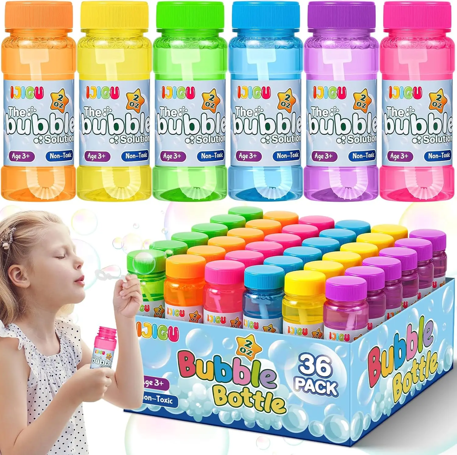 Paquete de 36 Botellas de Burbujas de 2oz con Varitas, 6 Colores, Recuerdos de Fiesta para Niños, Juguete de Verano para Exteriores