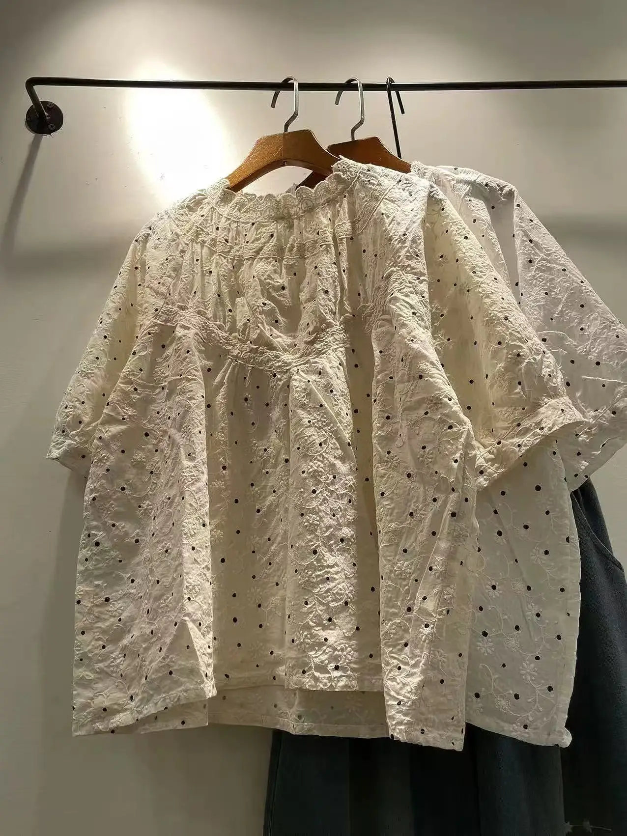 Bust 124cm pure cotton white beige polka dot shirts and blouses for women summer elegant stand collar short sleeve tops