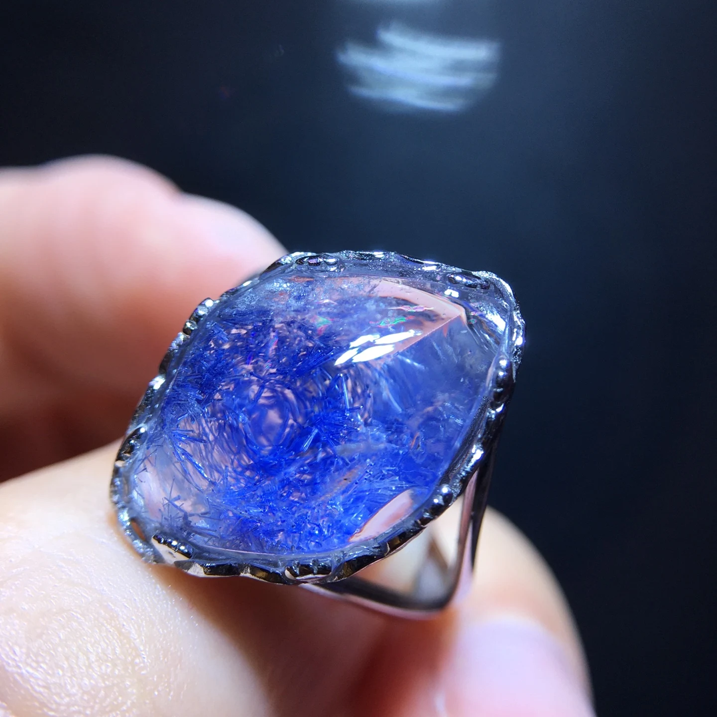 Natural Blue Dumortierite Adjustable Ring 18.3/13mm Blue Rutilated Woman Men Jewelry AAAAAA