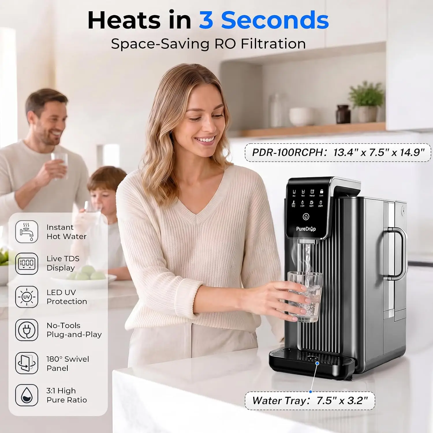 Countertop RO Water Filter Auto Fill Pitcher Instant Hot Water 4 Temperature Settings 3 1 Pure Drain Real Time TDS Monitor