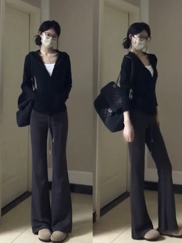 American Deep ey Flared Sports Pants Women's Autumn Winter Fce High Waist Slimming Drapey Straight Leg Wide Leg Pants