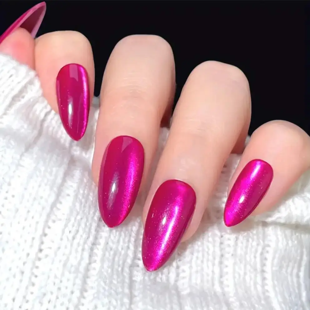 30개 드래곤 프루트 컬러 캣 아이 가짜 손톱 짧은 아몬드 프레스 온 네일 광택 로즈 레드 인조 손톱 여성용 사무실 및 일상용