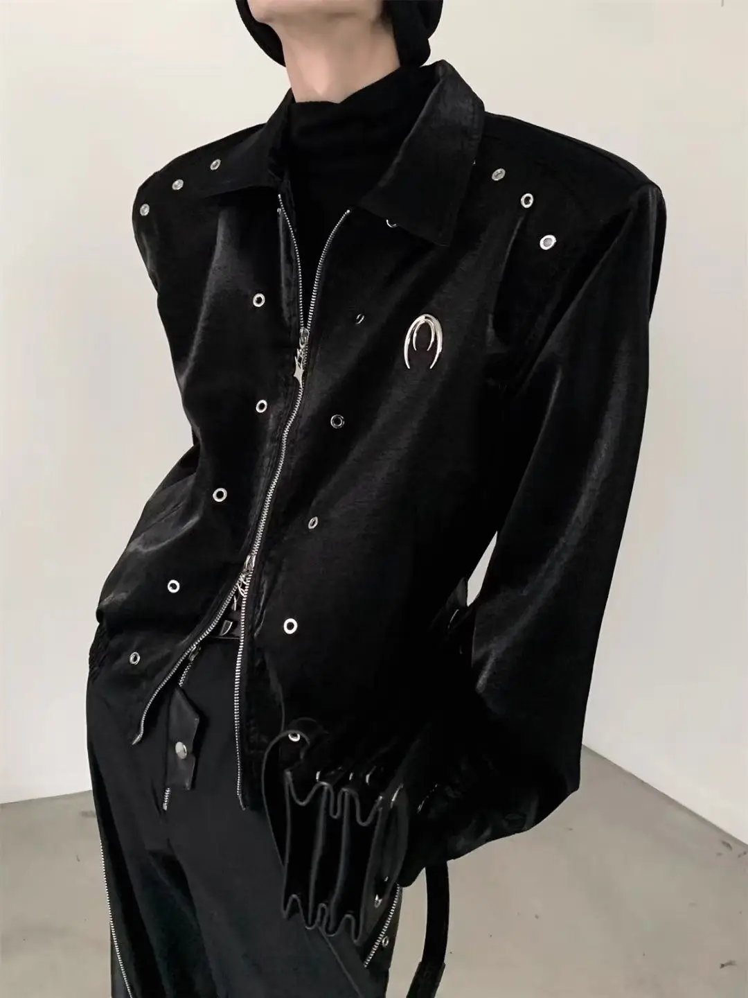 Punk Style Zipper Jacket Men Spring Autumn Vintage Niche Design Padded Shoulder Coat High-end Loose Lapel All-match Short Jacket