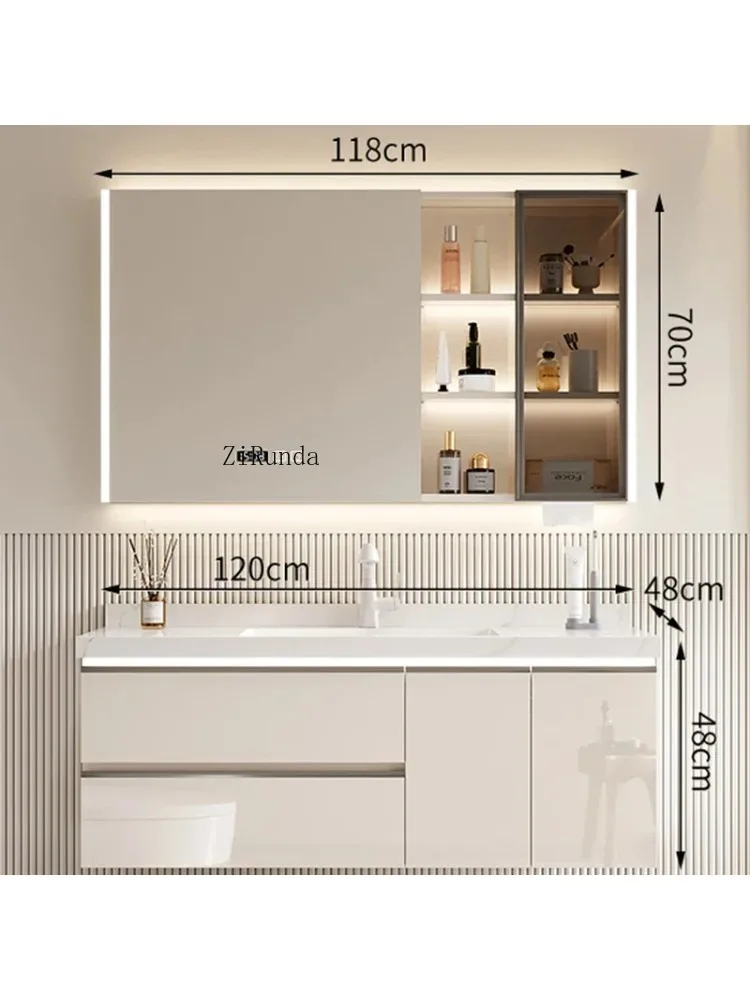 Armário de banheiro estilo creme, placa de rocha, cerâmica, bacia integrada, descanso, espelho, móveis simples para casa