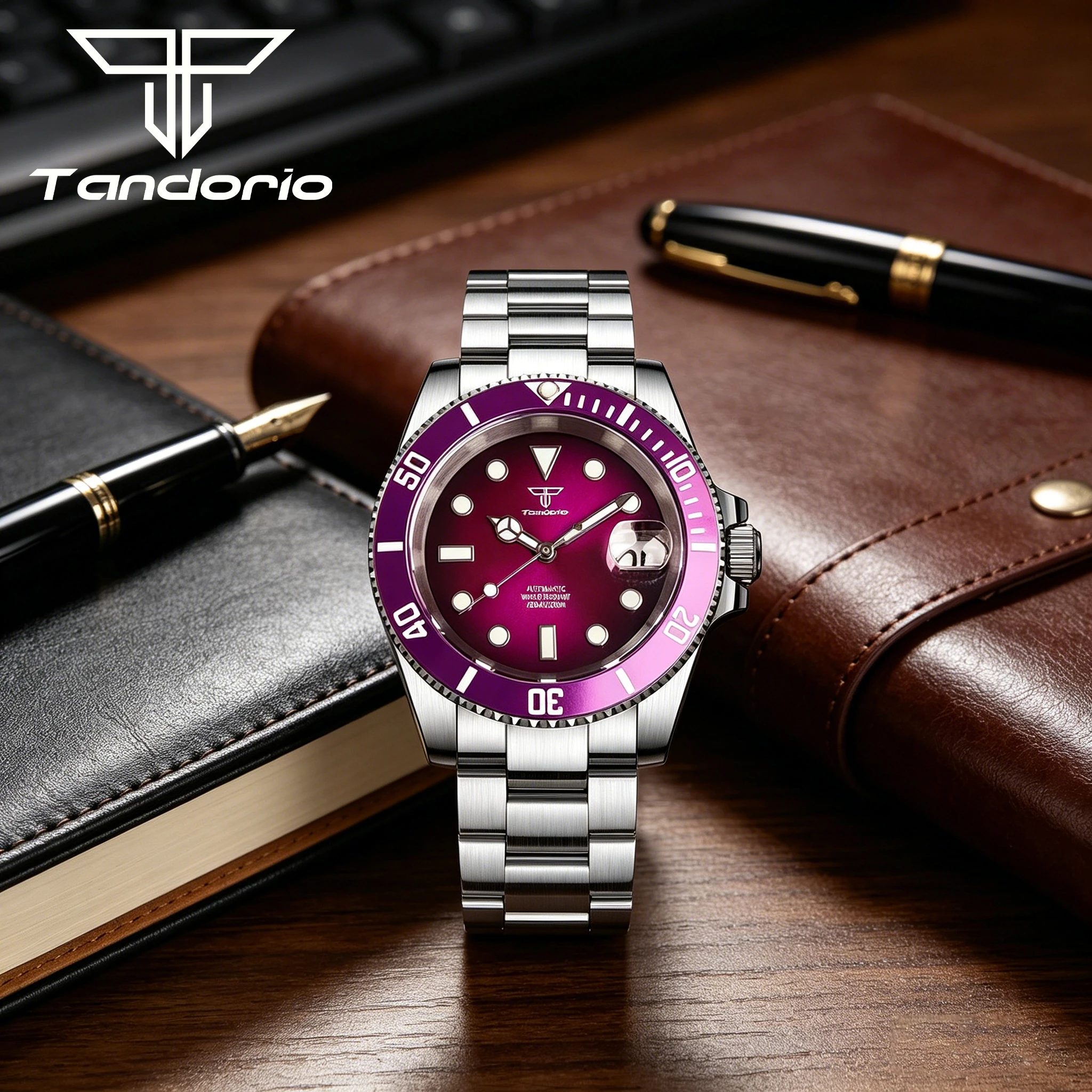 Tandorio 40mm Purple dial 200M Waterproof Japan NH35A Men's Wristwatch 120 Clicks Rotating Bezel Green Luminous Bracelet