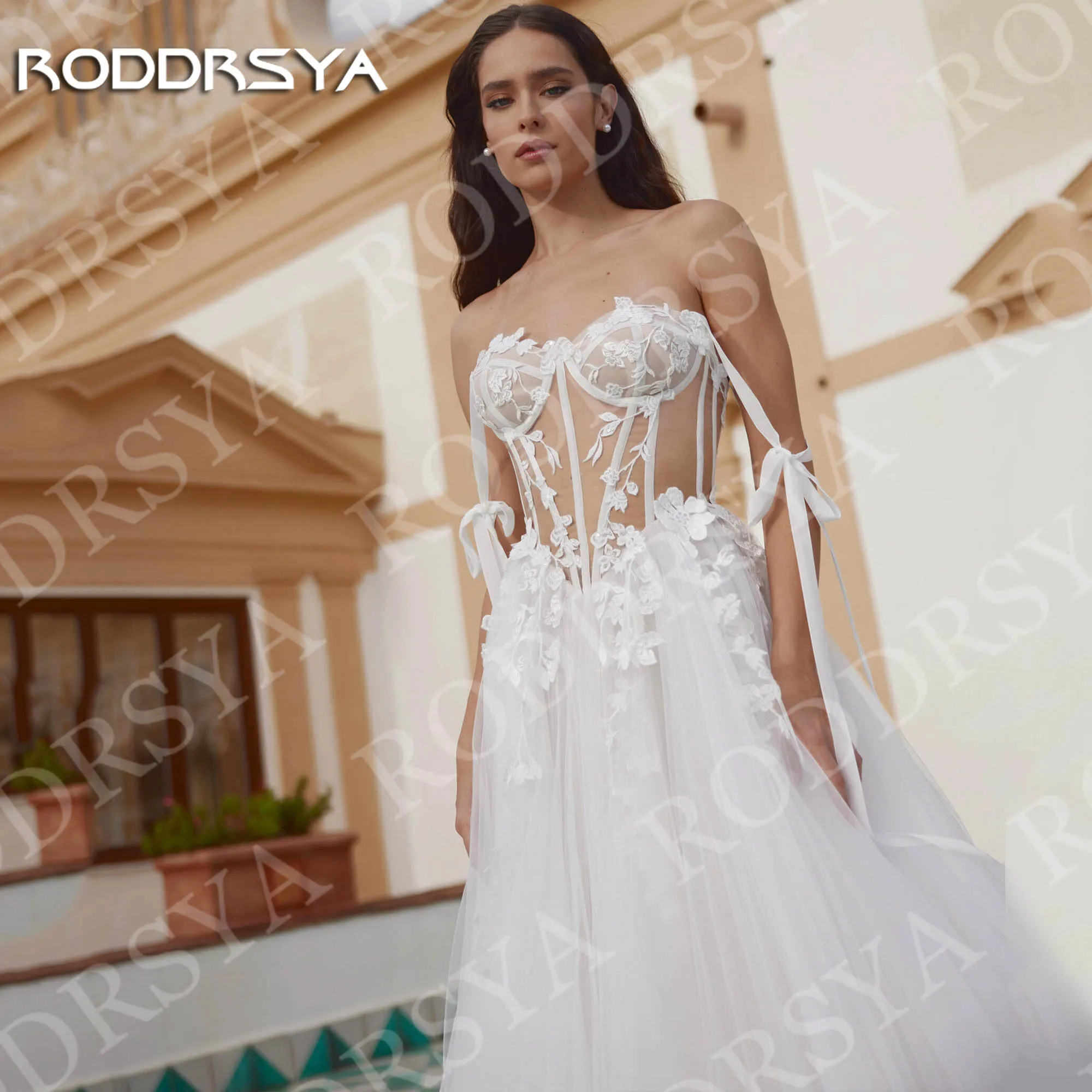 RODDRSYA السباغيتي حزام ألف خط فساتين الزفاف أنيقة يزين تول الدانتيل فستان زفاف الشاطئ مخصص حزام سباغيتي خط فساتين الزفاف الأنيقة التطبيقات تول الدانتيل شاطئ فستان العروس مخصصة