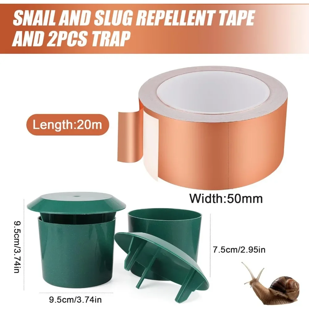 Copper Slug Tape 50mm X 20m, for Slugs and Snails, with 2 Slug Catchers, Adhesive Snail Tape Slug Copper Tape Copper Foil