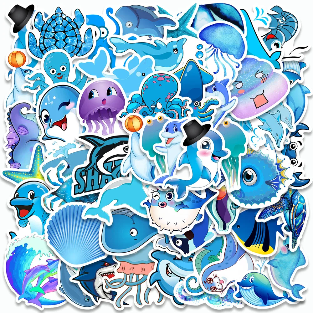 49PCS Blue Ocean Stickers Cartoon Dolphin Graffiti Decals For Laptop Cup Skateboard Suitcase Guitar Waterproof Animals Stickers