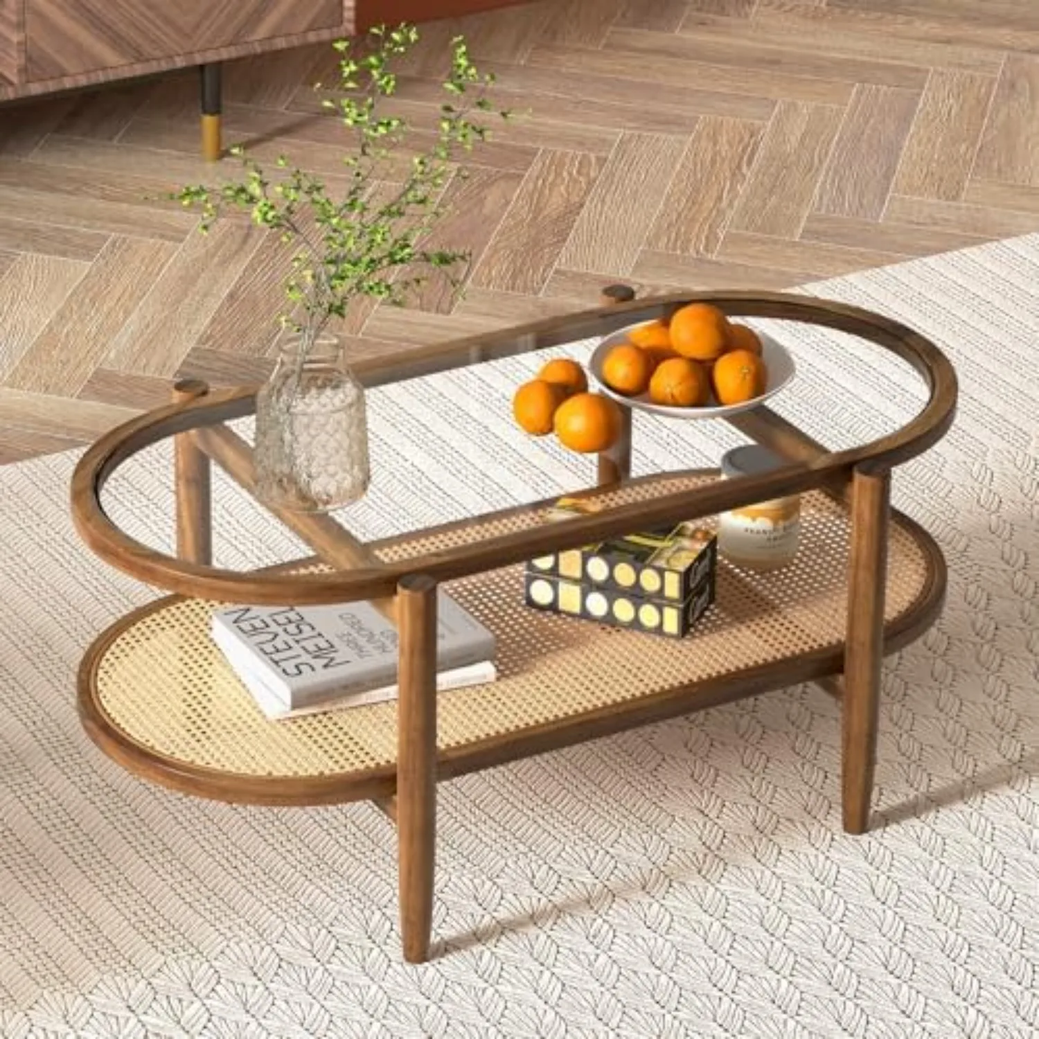 Rattan Coffee Table, 2-Tier Oval Acacia Wood Tea Table w/Tempered Glass Tabletop & PE Rattan Storage Shelf, Boho
