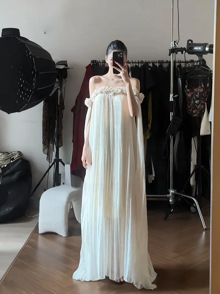 

Uomosi STAZF7 plus Size Floral Long Dress One Shoulder Fairy Vacation Women's Summer Elegant A-Line Skirt City Commuting