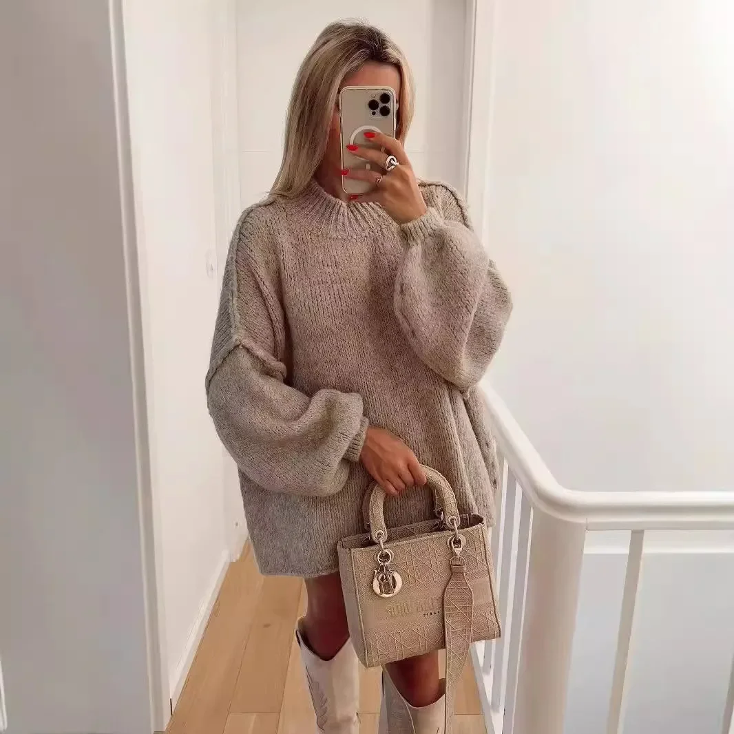 Women's Knit Pullover Sweater Loose-fit Half Polo/turtle Neck Commute Style Thin Lightweight Crew Neck Top Yarn Coat