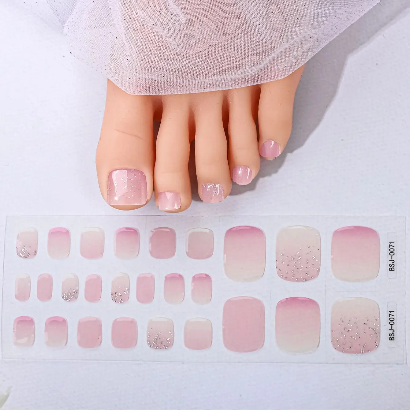 26Tips Pink Gradient Semi Cured Gel Toenail Sticker Glitter Full Cover Gel Toenail Wraps Self-Adhesive Foot Nail Art Decoration