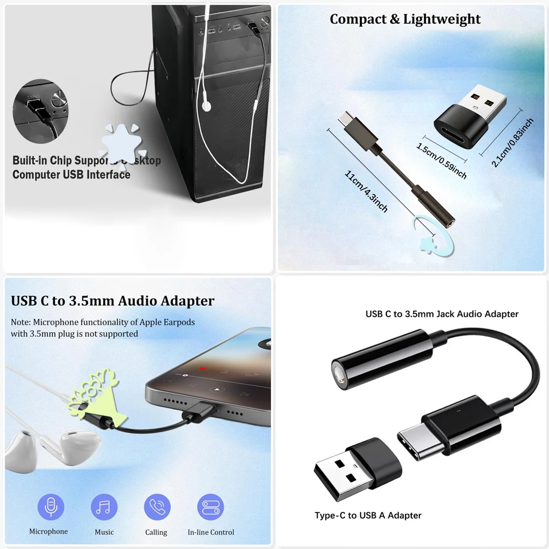 USB C to 3.5mm Audio Adapter External Sound Card USB A Type C Laptop Mac Desktop Headset Plug Play Jack