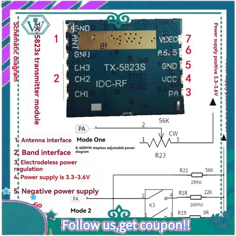 

Модернизированный модуль аудио-видео передатчика 5,8G FPV VTX TX5823, 8 каналов, 0-600 МВт, бесступенчатая регулировка для гоночного дрона FPV