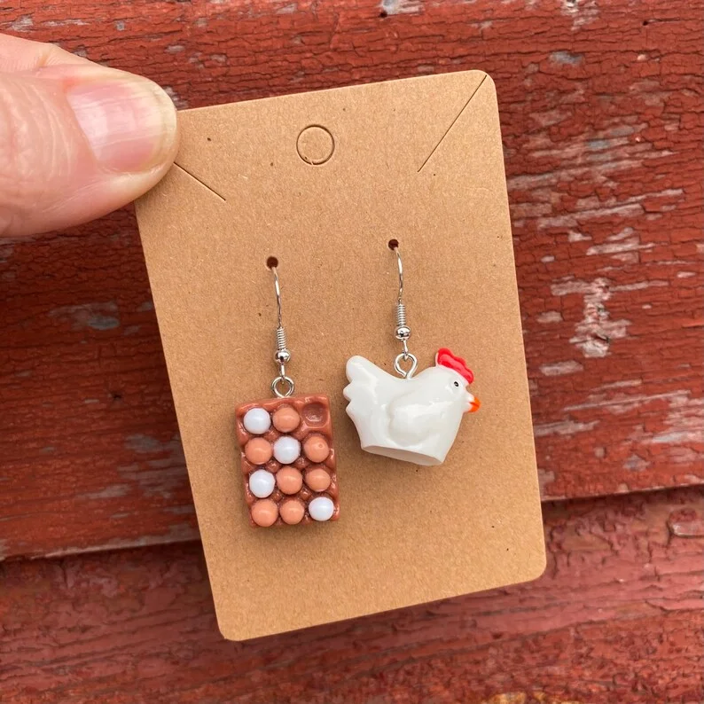 1 Pair Mismatched Chicken and Eggs Farmer Unique Novelty Dangle Earrings