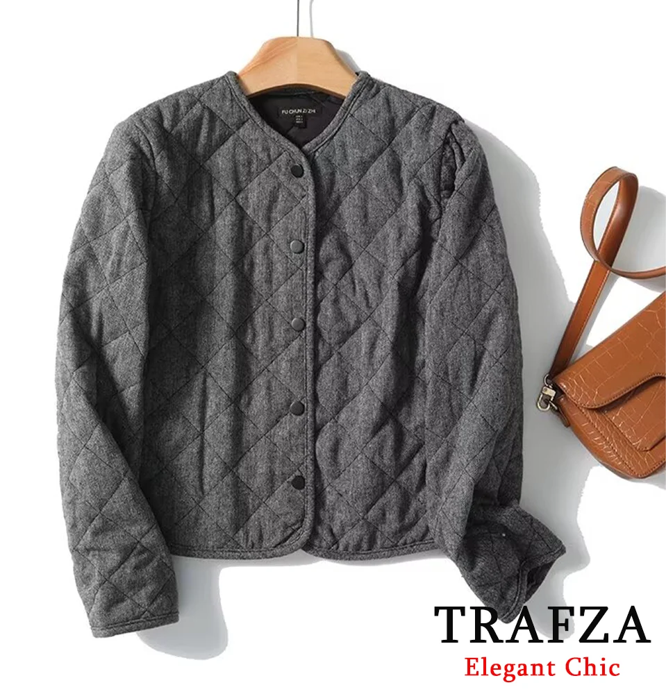 TRAFZA Minimalist Jacket Women's O-Neck Buttons Gray Bomber Jacket New 2024 Fashion Spring Fall Casual Versatile Jacket