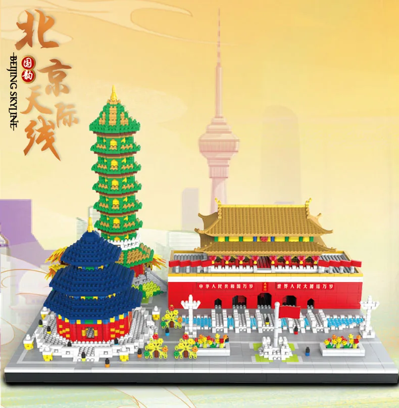 Kreatywne chińskie architektury, mikro-klocki diamentowe, panorama Pekinu, nanoklocki, plac Tiananmen, model Świątyni Nieba, zabawki z klocków.