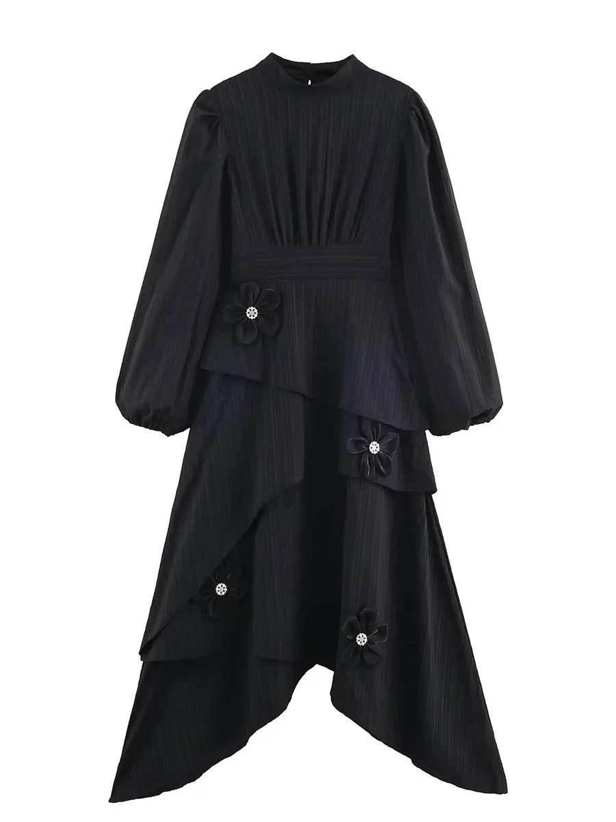 TWOTWINSTYLE فستان أسود ريترو كلاسيكي للنساء الوقوف طوق كم طويل تقسم يزين أنيقة غير النظامية فساتين متوسطة الطول الإناث