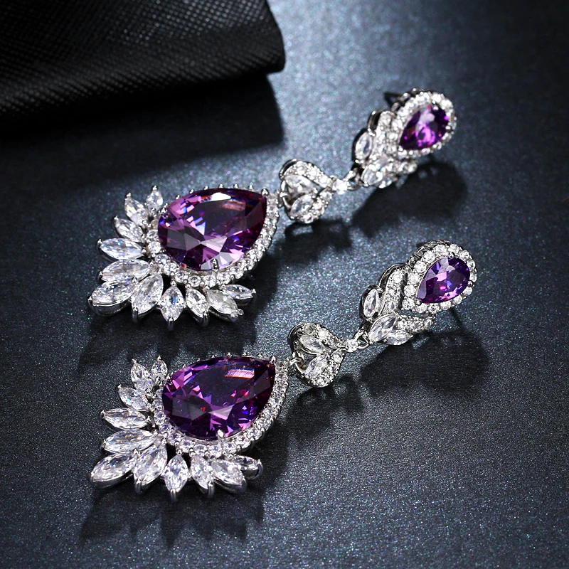 SUGO New Arrival Temperament Charming High Quality Purple Cubic Zirconia Earrings for Noble Ladies Women Shiny Dineer Jewelry