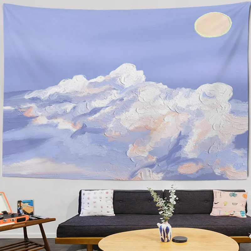 Oil painting printed tapestry sun and moon beautiful night sky healing home background wall decoration 