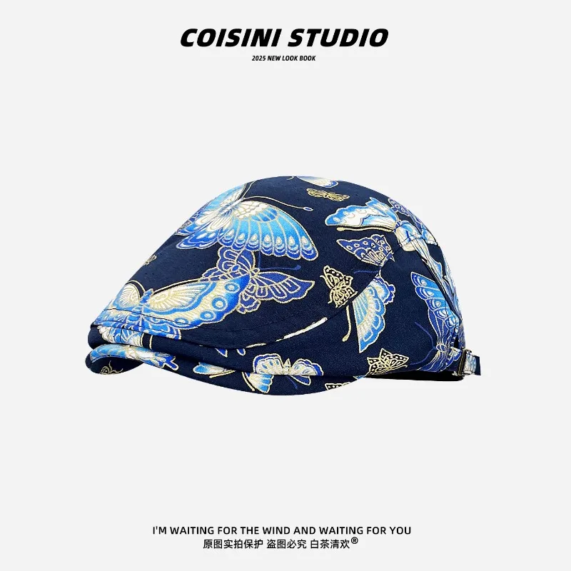 

Niche Retro Blue Butterfly Jacquard Forward Hat Spring and Autumn Men's and Women's Trend Casual Short Brim Sunshade Beret Cap