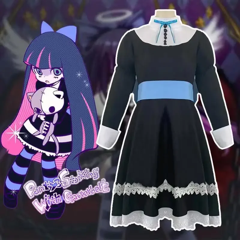 Anime Panty & Stocking with Garterbelt Stocking Cosplay Costume Maid Suit Sister Uniform Black Halloween Role Play Wig Full Suit