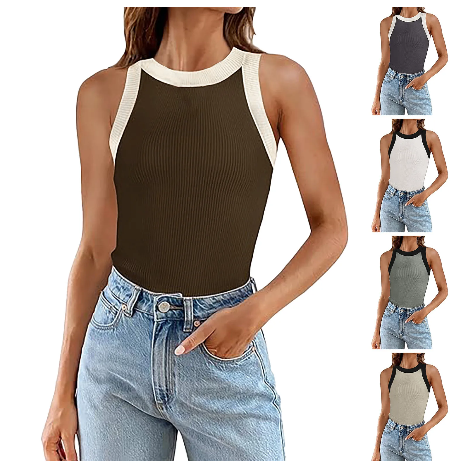 Women'S T-Shirt Womens Summer Sleeveless Tank Tops Ribbed High Neck Racerback Slim Fitted Color Block Casual майка женская