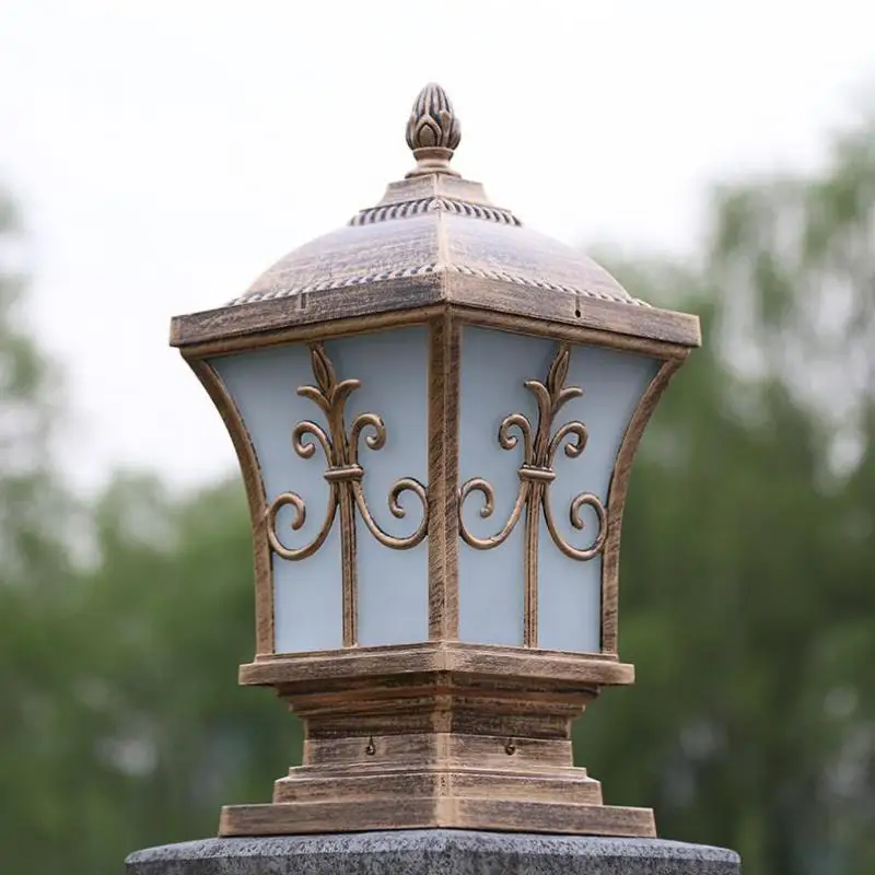 

Винтажный бронзовый уличный светодиодный светильник-столб квадратной формы из алюминия, антикварный садовый фонарь для виллы, стеклянный водонепроницаемый светильник для коридора и сада