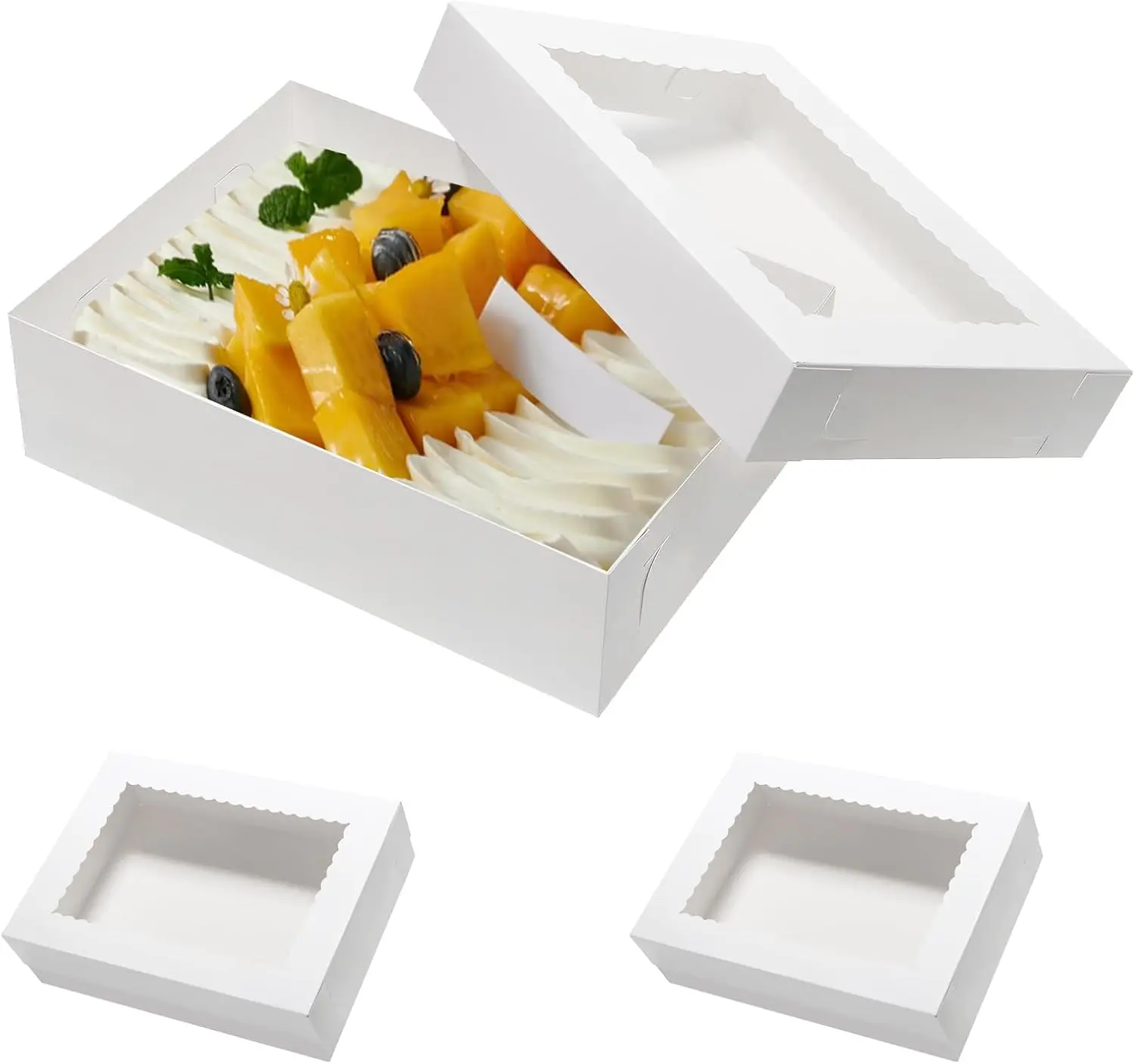 Cajas para Pasteles Rectangulares de 14x10x4, Paquete de 6, con Ventana para Donuts, Pasteles, Tartas, de Cartón Blanco